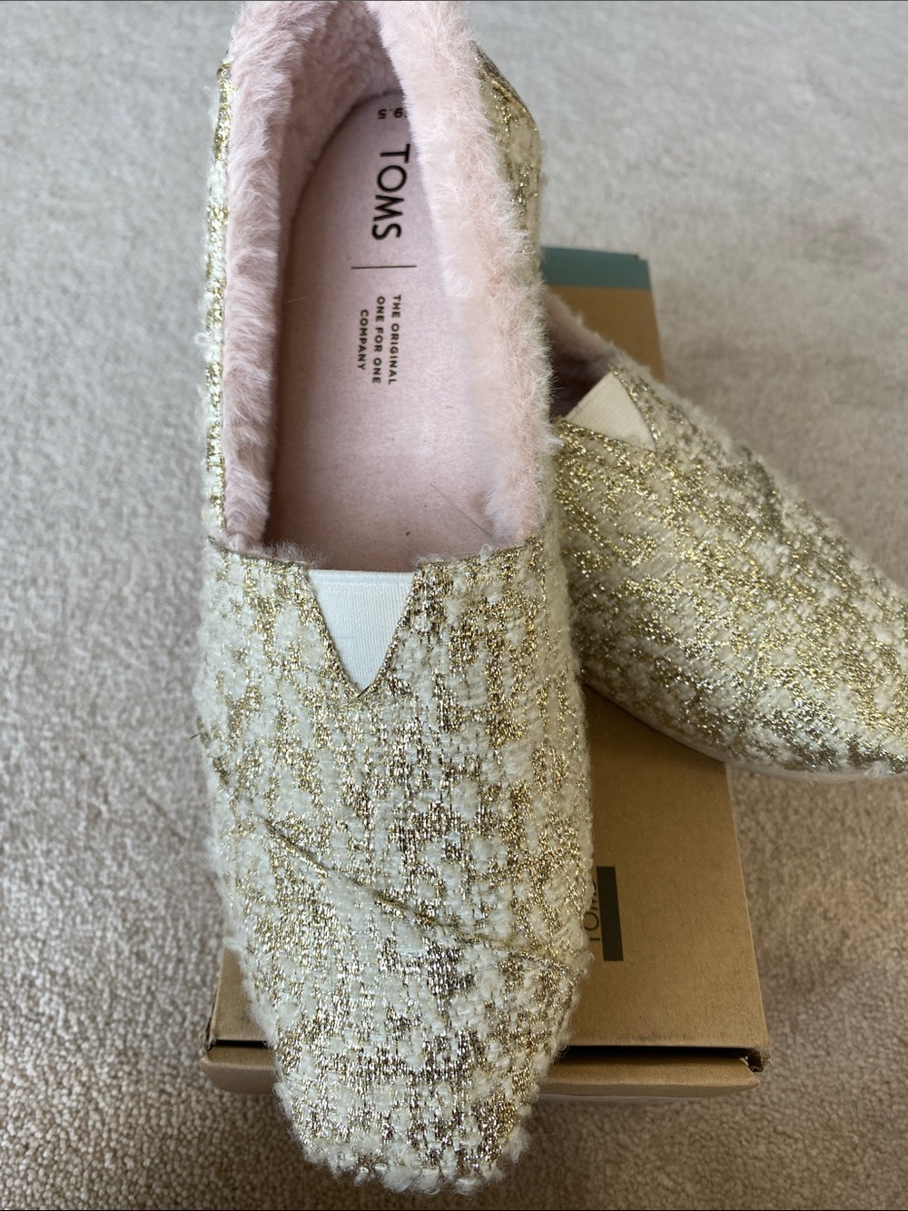 Toms Gold Tweed Slip-On with Blush Pink Faux Fur Lining